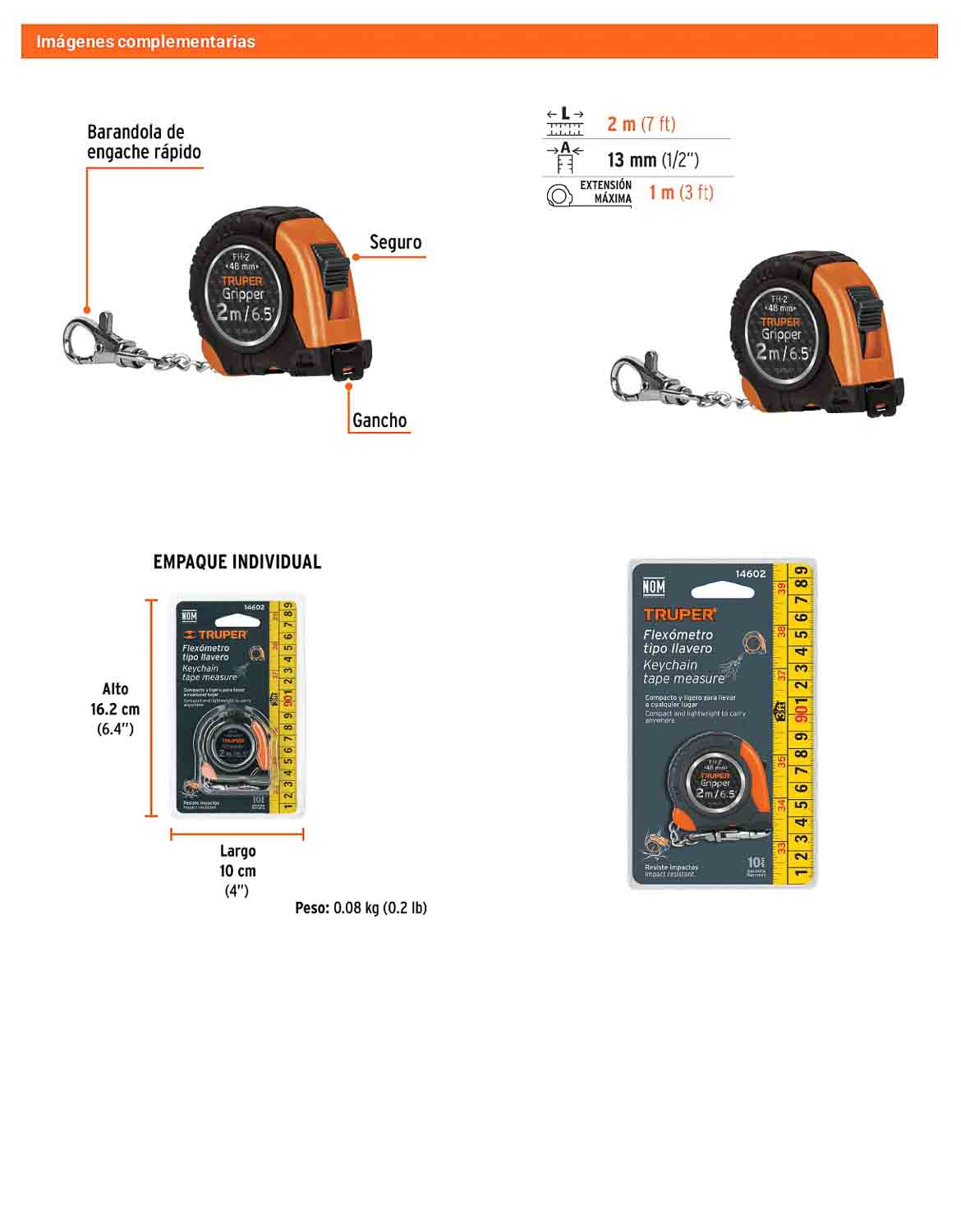 Flexómetro Gripper 2 m Tipo Llavero 13 mm