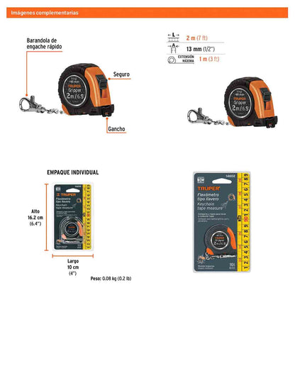 Flexómetro Gripper 2 m Tipo Llavero 13 mm