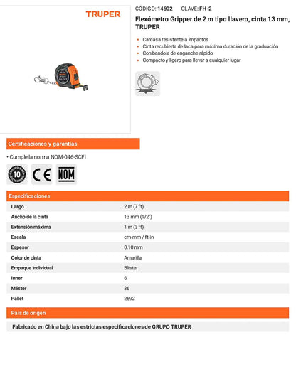 Flexómetro Gripper 2 m Tipo Llavero 13 mm
