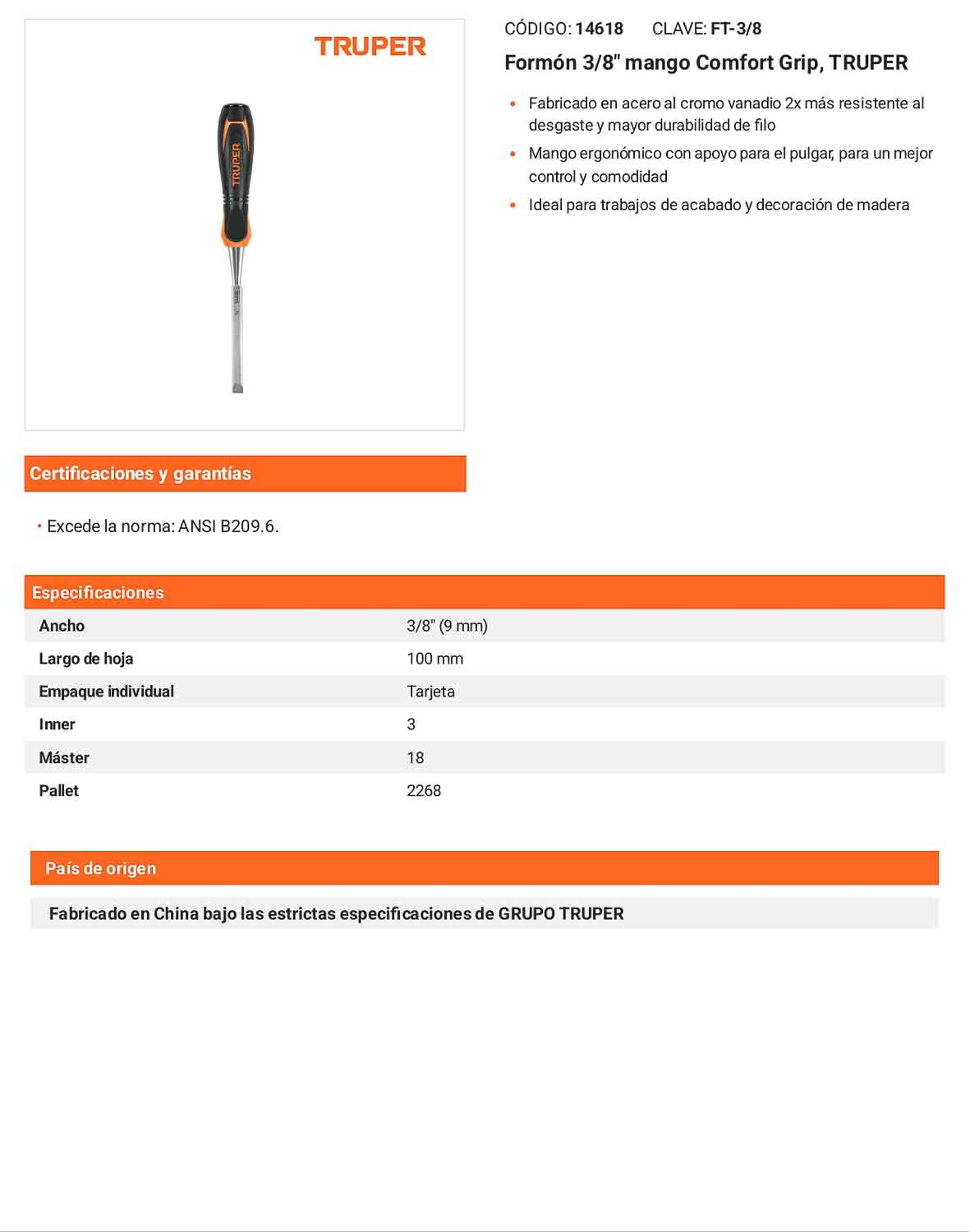 Formón 3/8 pulg mango Comfort Grip