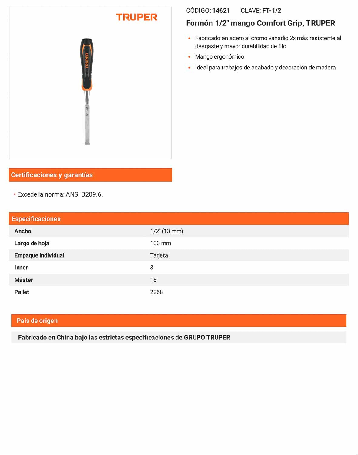 Formón 1/2 pulg mango Comfort Grip