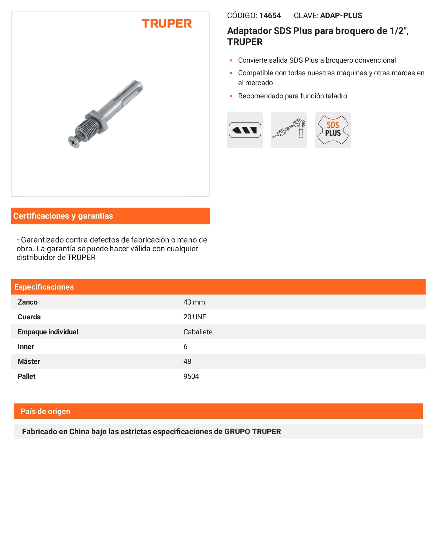 Ficha tecnica - Adaptador SDS Plus para broquero de 1/2 pulg - SKU 14654