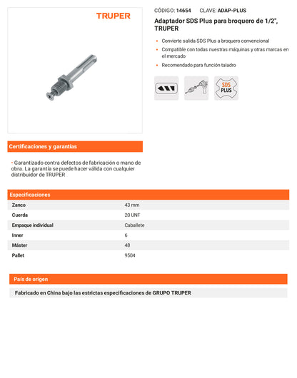 Ficha tecnica - Adaptador SDS Plus para broquero de 1/2 pulg - SKU 14654