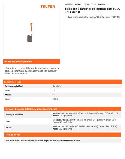 Ficha tecnica - 2 carbones para PULA-7N - SKU 14674