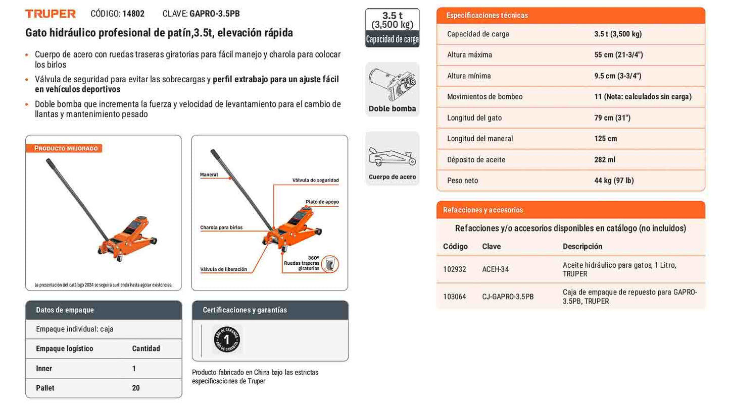 Gato de patín 3.5 toneladas elevación rápida
