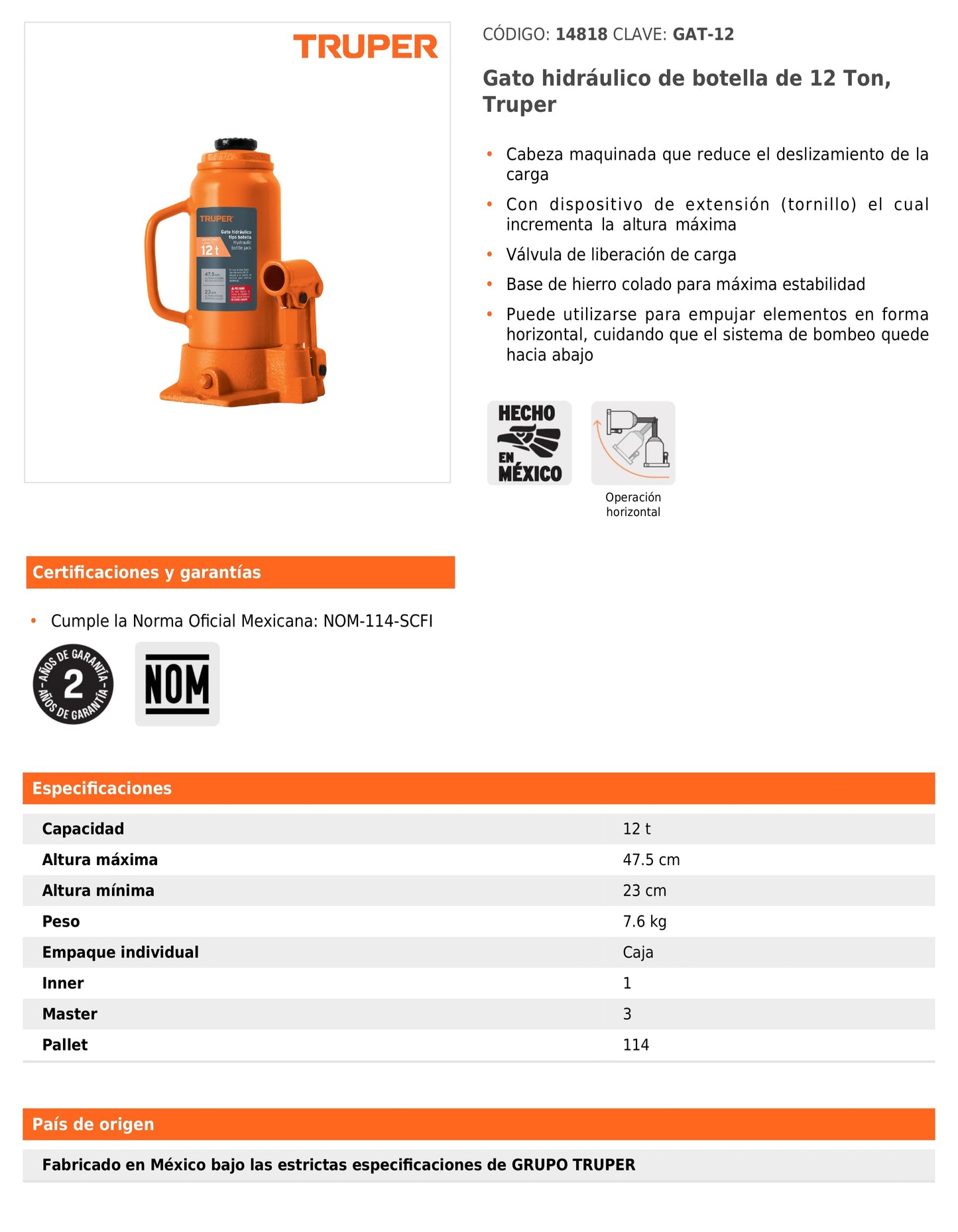 Gato hidráulico de botella de 12 Ton
