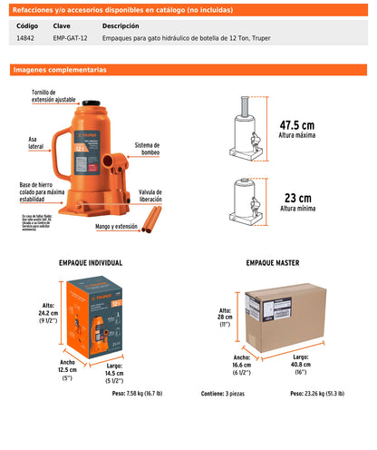 Gato hidráulico de botella de 12 Ton