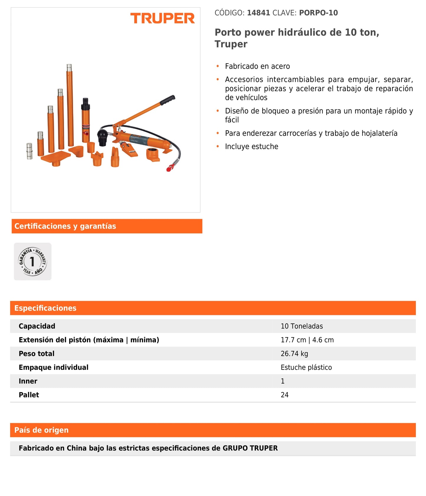 Porto power hidráulico de 10 toneladas con estuche y accesorios intercambiables