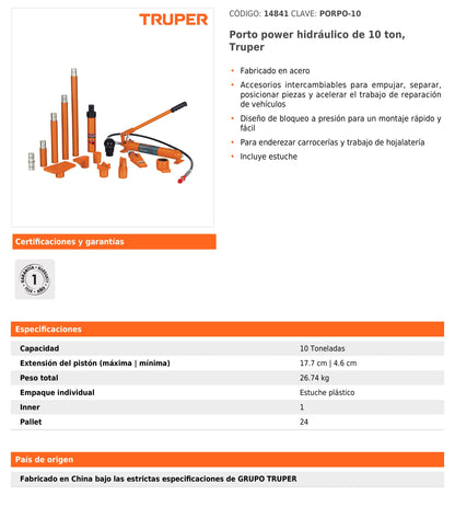 Porto power hidráulico de 10 toneladas con estuche y accesorios intercambiables