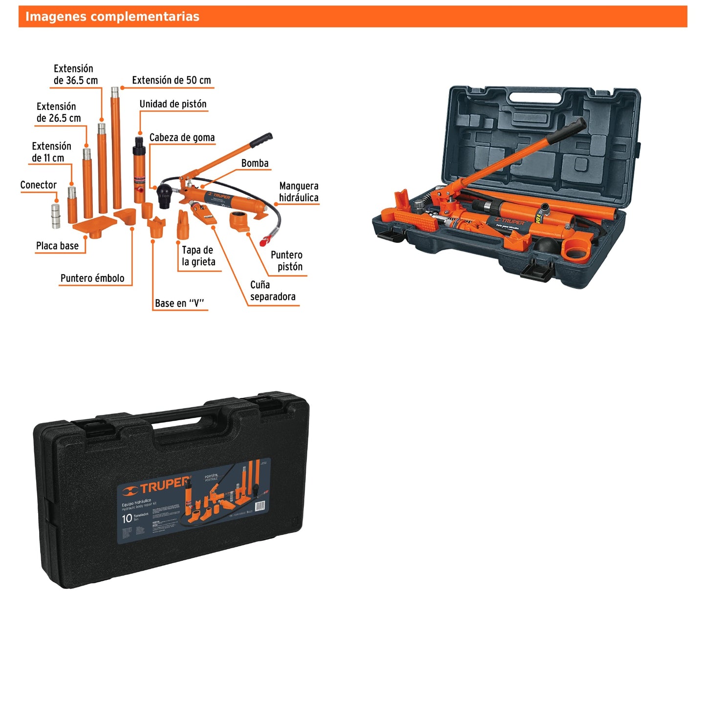 Porto power hidráulico de 10 toneladas con estuche y accesorios intercambiables