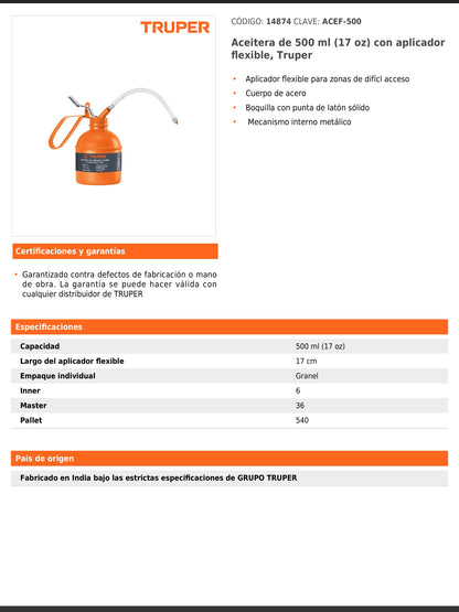 Aceitera de 500 ml con aplicador flexible
