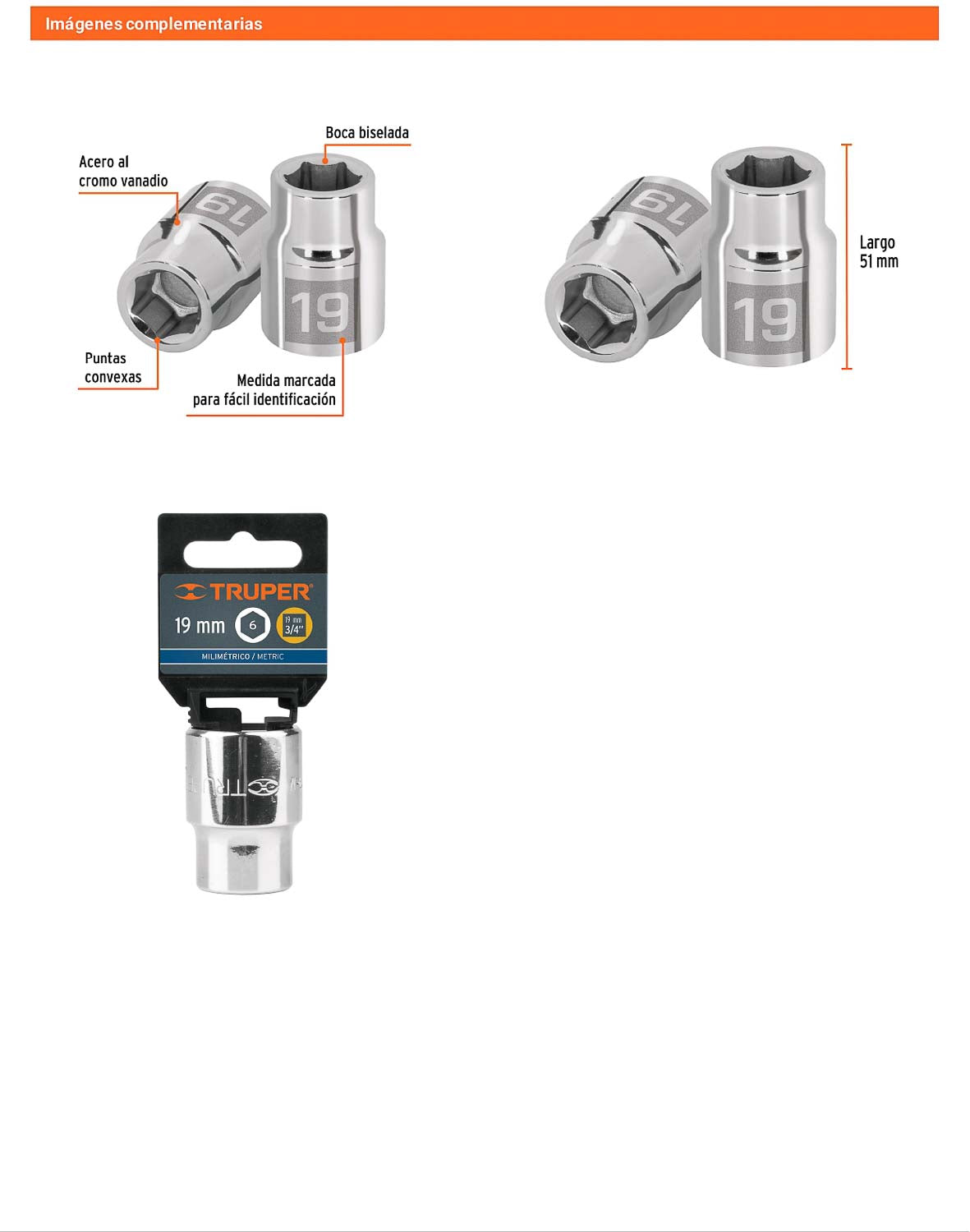 Dado 19 mm 6p cuadro 3/4pulg