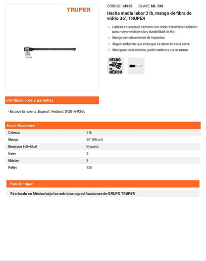 Hacha media labor 3 lb mango fibra