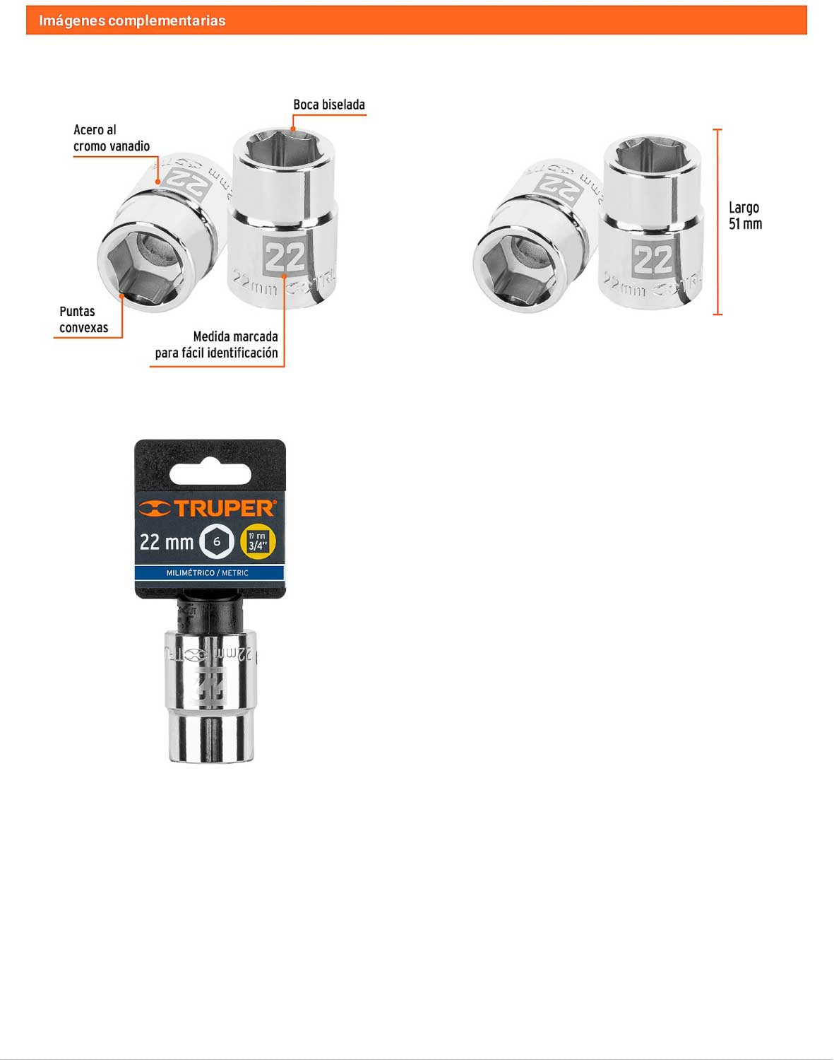 Dado 22 mm 6p cuadro 3/4pulg