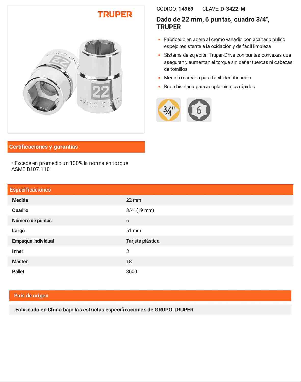 Dado 22 mm 6p cuadro 3/4pulg