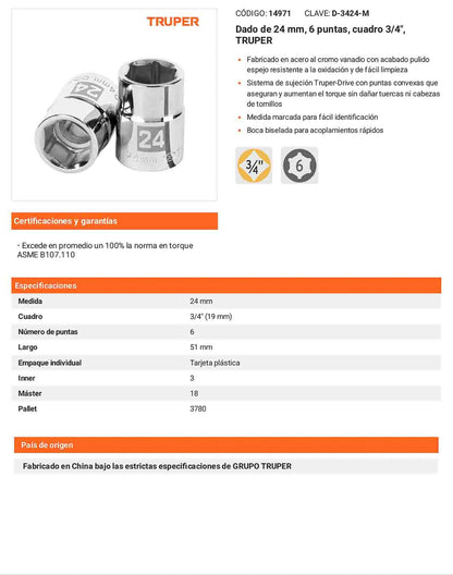 Dado 24 mm 6p cuadro 3/4pulg