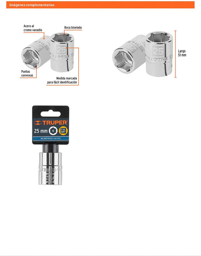 Dado 25 mm 6p cuadro 3/4pulg