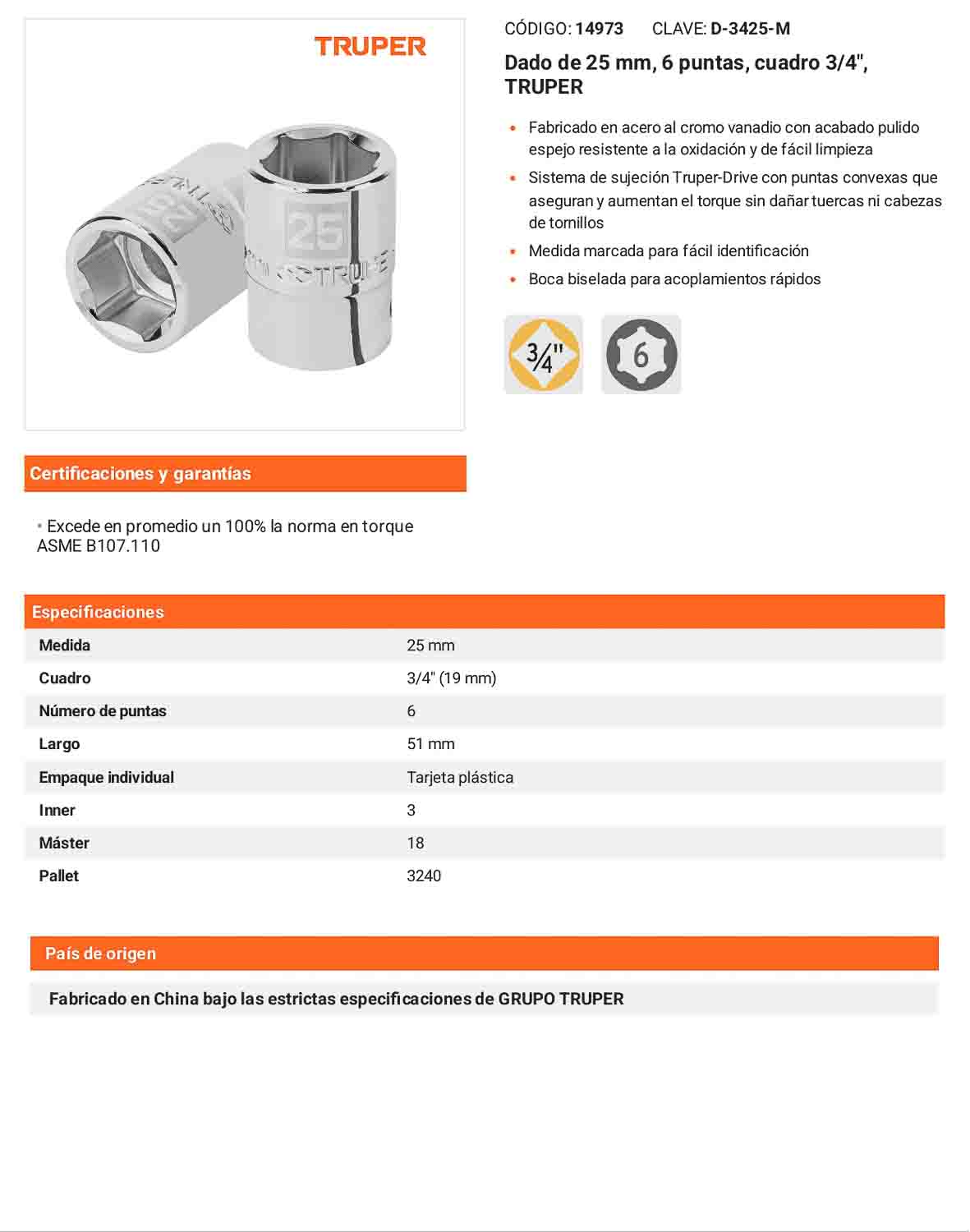 Dado 25 mm 6p cuadro 3/4pulg