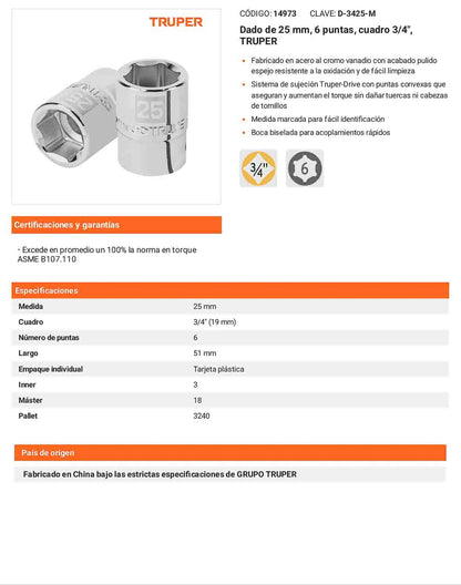 Dado 25 mm 6p cuadro 3/4pulg