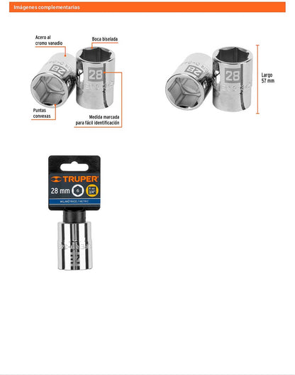 Dado 28 mm 6p cuadro 3/4pulg