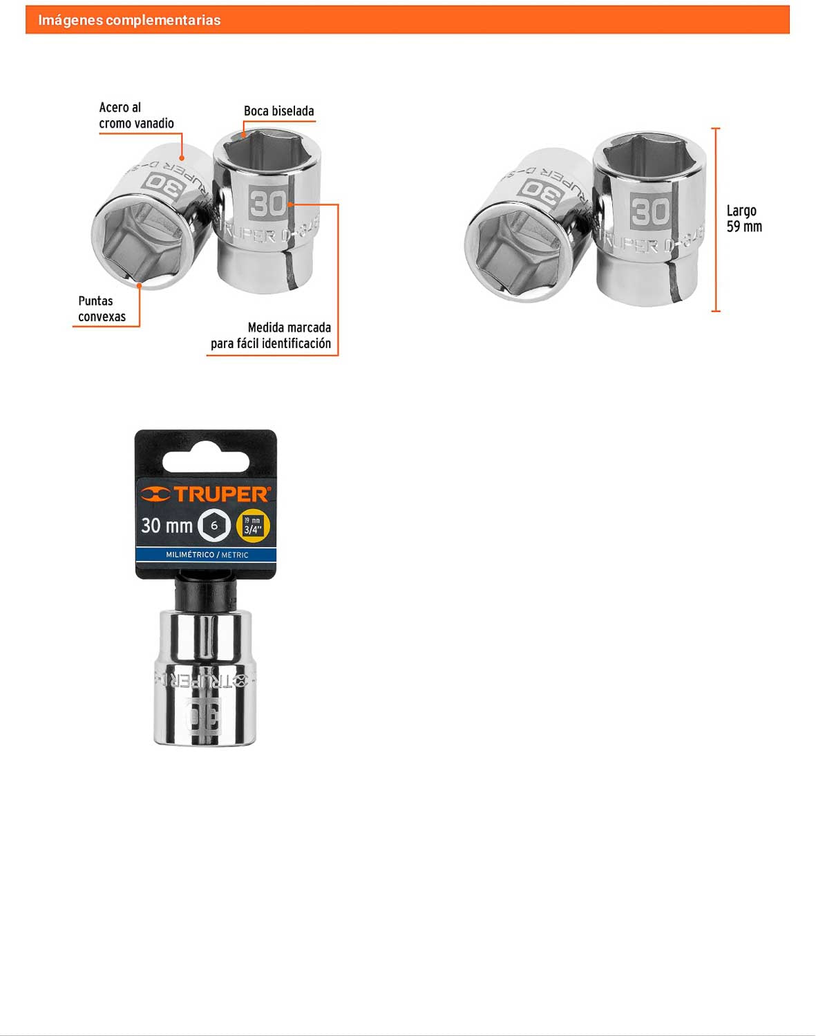Dado 30 mm 6p cuadro 3/4pulg