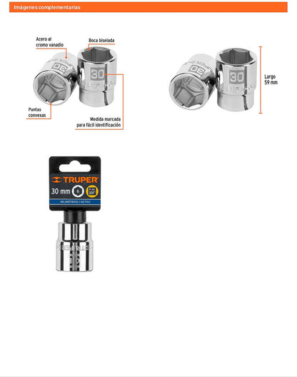 Dado 30 mm 6p cuadro 3/4pulg