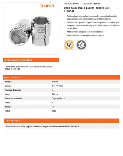 Dado 30 mm 6p cuadro 3/4pulg