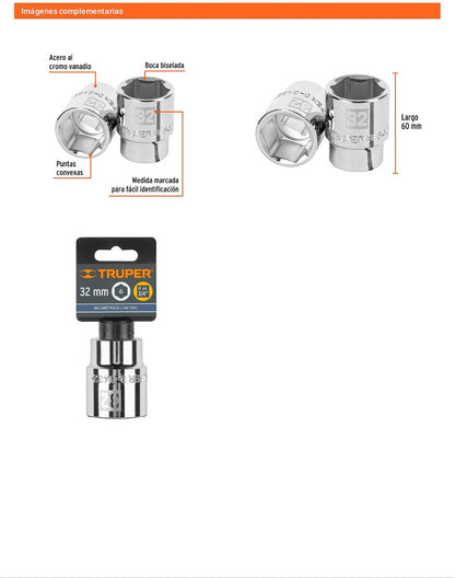 Dado 32 mm 6p cuadro 3/4pulg