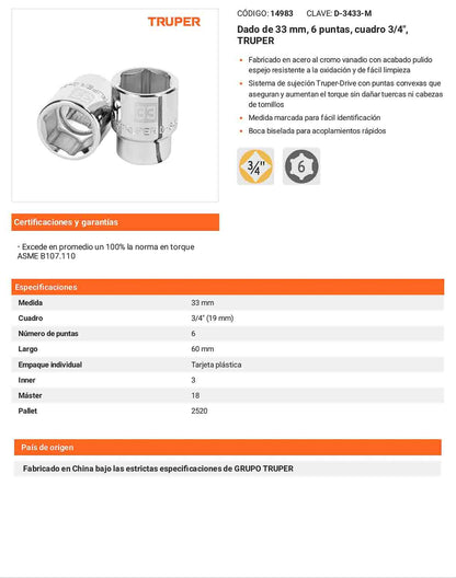 Dado 33 mm 6p cuadro 3/4pulg