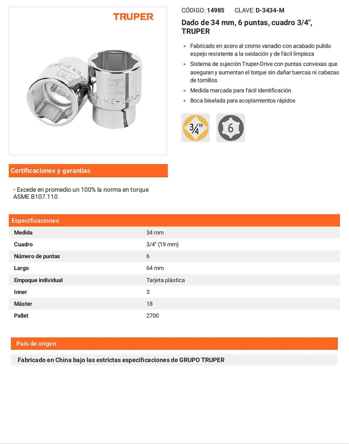 Dado 34 mm 6p cuadro 3/4pulg