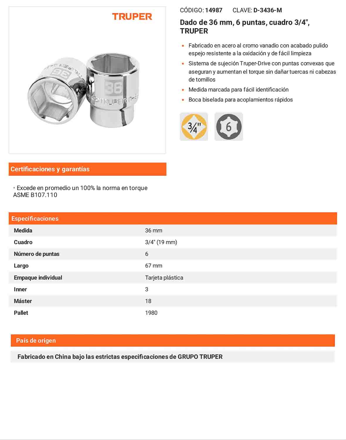 Dado 36 mm 6p cuadro 3/4pulg