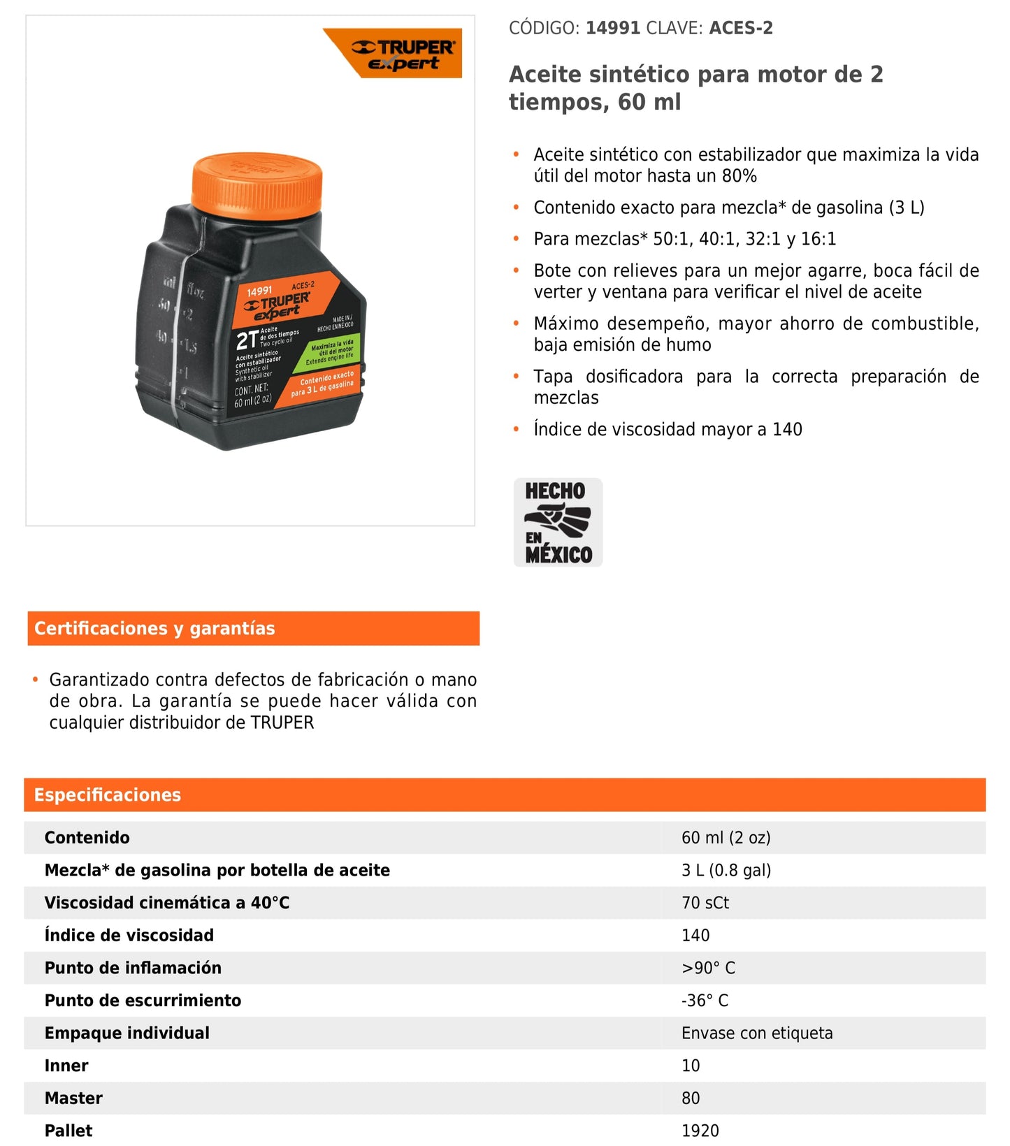 Aceite sintético para motor de 2 tiempos de 60 ml con estabilizador y tapa dosificadora