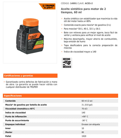 Aceite sintético para motor de 2 tiempos de 60 ml con estabilizador y tapa dosificadora