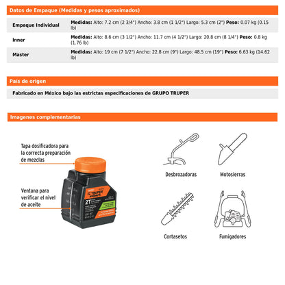Aceite sintético para motor de 2 tiempos de 60 ml con estabilizador y tapa dosificadora