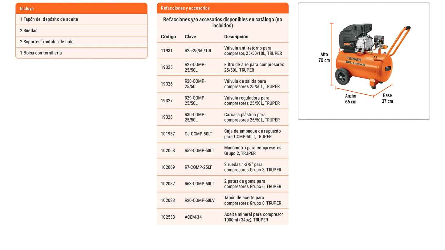 Compresor lubricado 50 L horizontal 3-1/2 HP