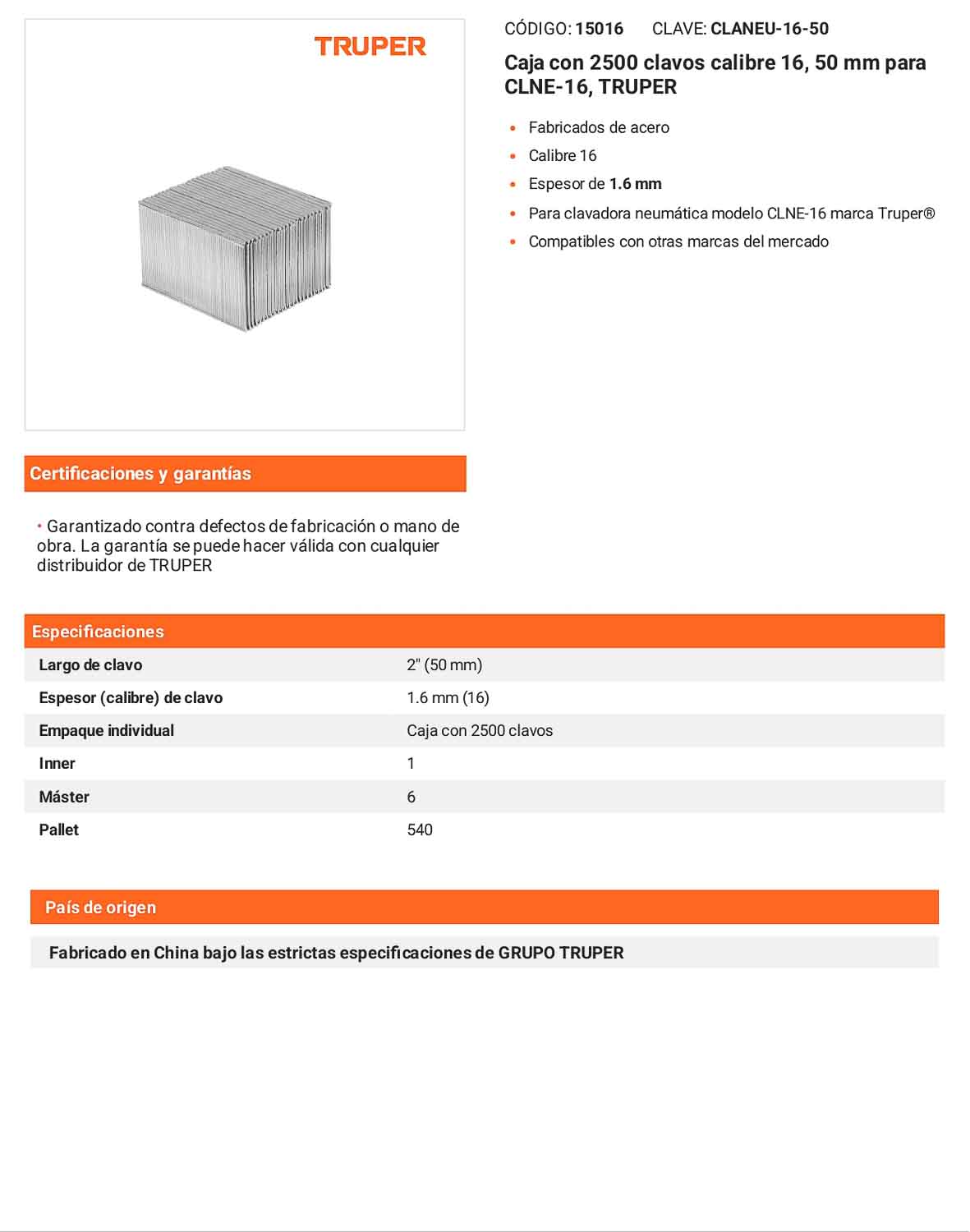 Caja 2500 clavos calibre 16 50 mm