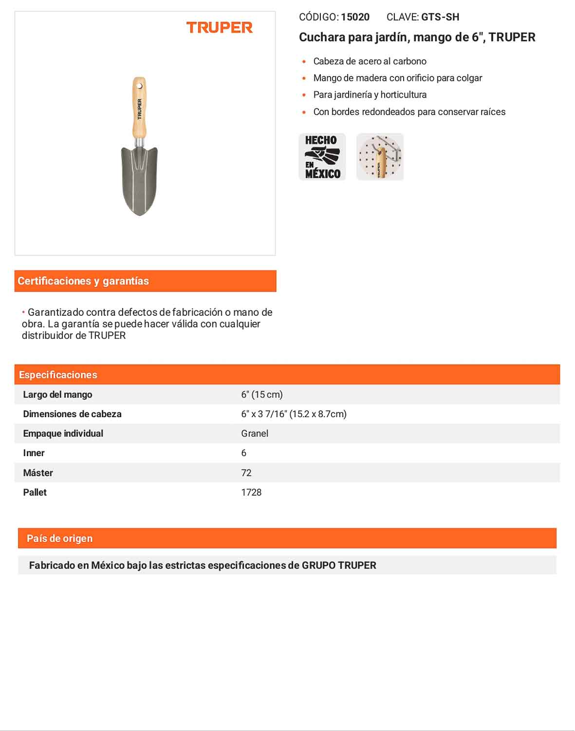 Cuchara para jardín mango 6 pulg
