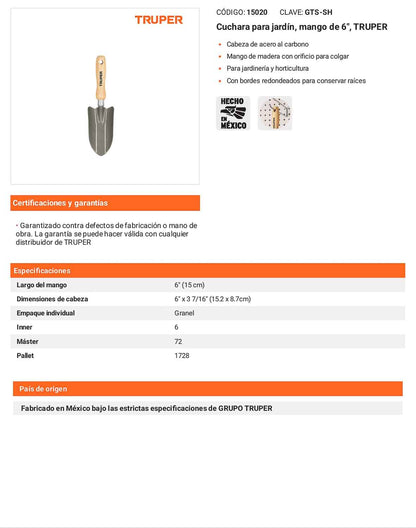 Cuchara para jardín mango 6 pulg