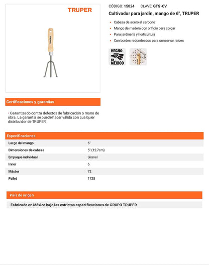 Cultivador para jardín mango 6 pulg