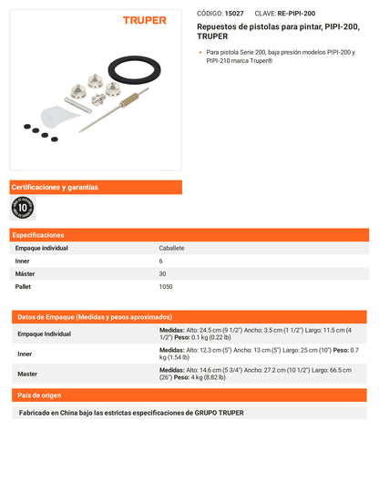 Ficha tecnica - Repuestos de pistolas para pintar PIPI-200 - SKU 15027