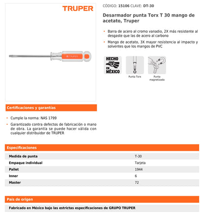 Desarmadores Punta Torx, Mango de Acetato