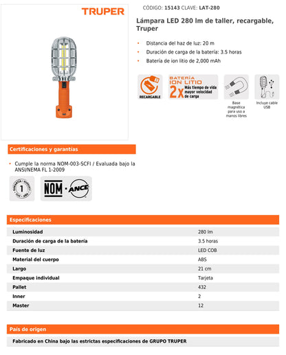 Lámpara LED 280 lm de Taller Recargable