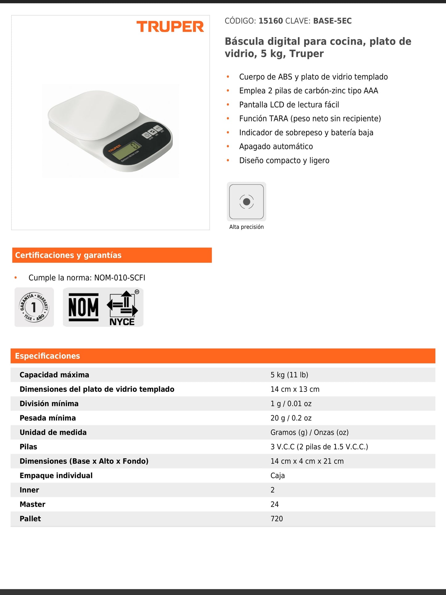 Báscula digital para cocina de 5 kg con plato de vidrio