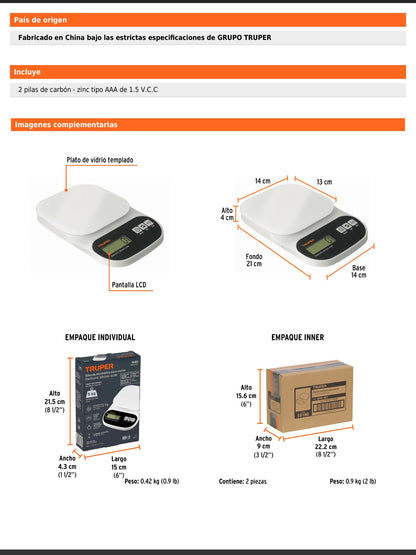 Báscula digital para cocina de 5 kg con plato de vidrio