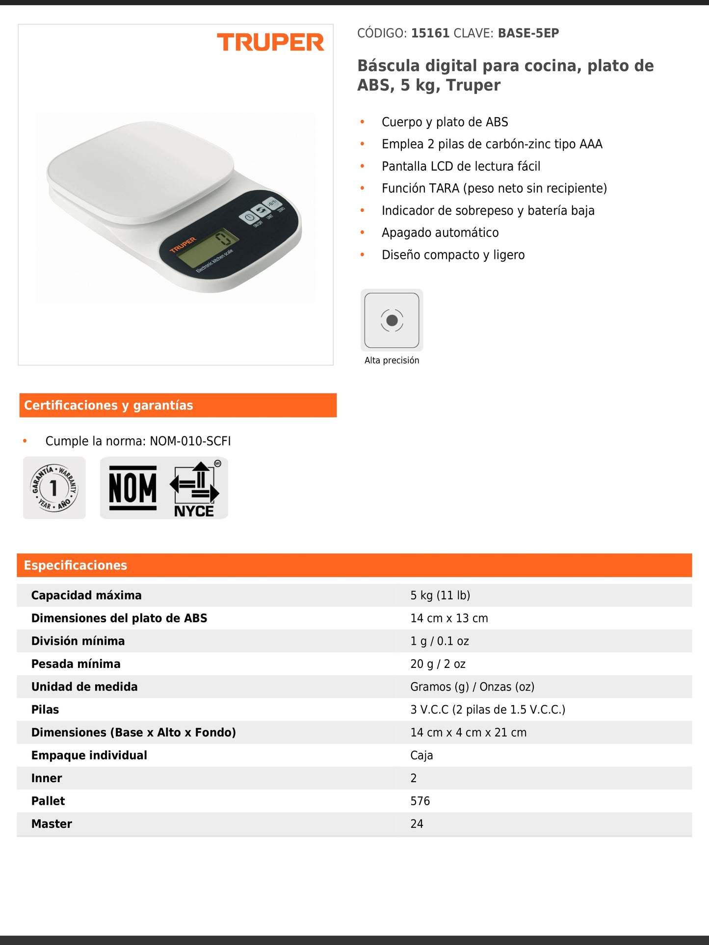 Báscula digital para cocina de 5 kg con plato de ABS