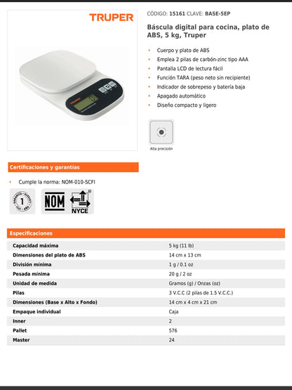 Báscula digital para cocina de 5 kg con plato de ABS