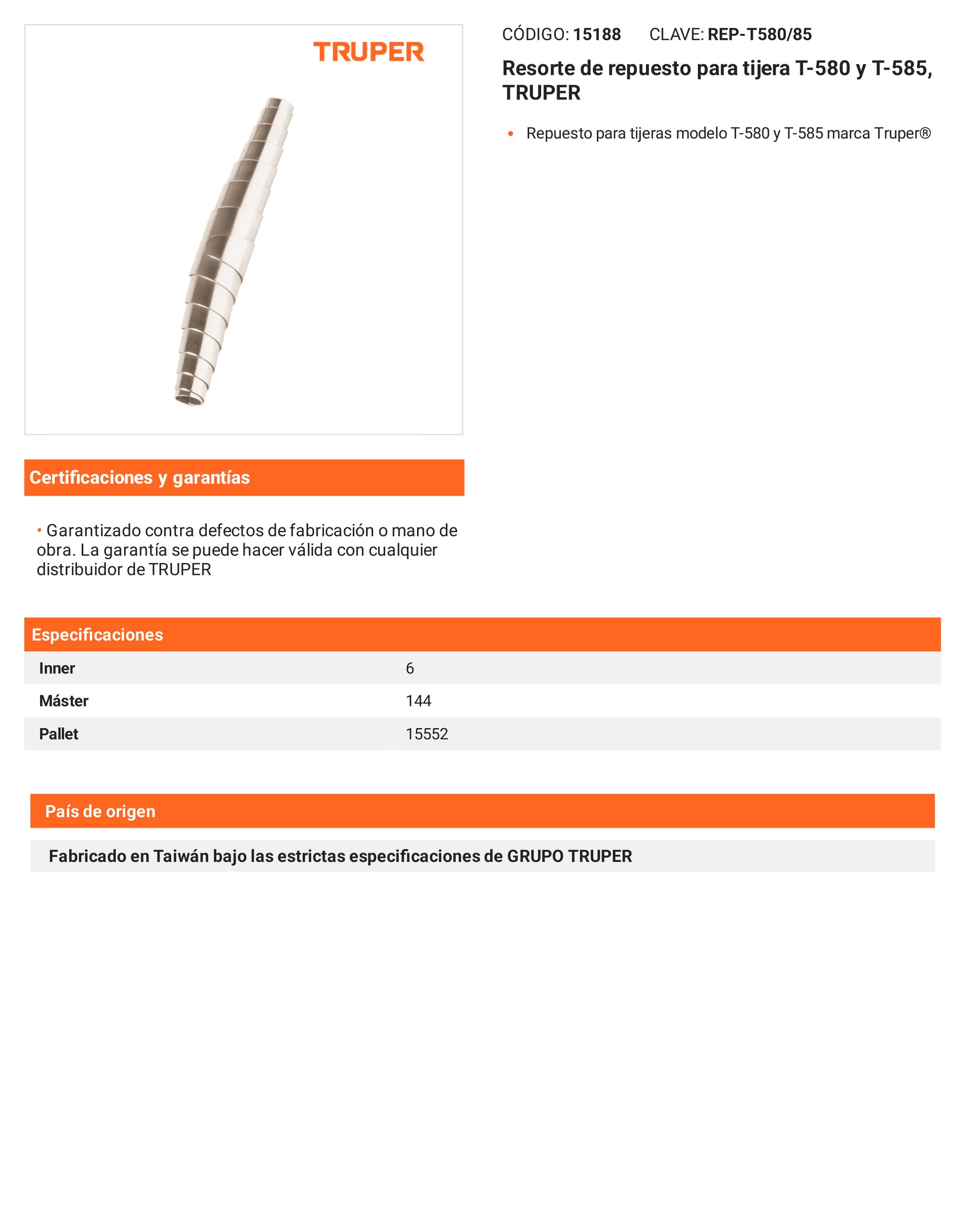 Ficha tecnica - Resorte para tijera T-580 y T-585 - SKU 15188