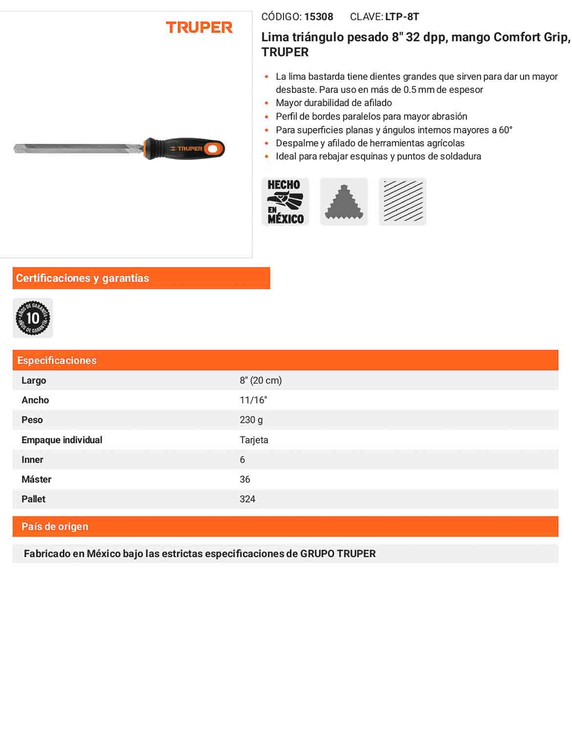 Lima Triángulo Pesado 8 pulg 32 dpp Comfort