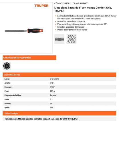 Lima Plana Bastarda 6 pulg Comfort Grip