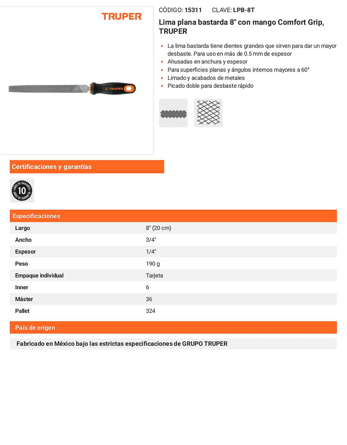 Lima Plana Bastarda 8 pulg Comfort Grip